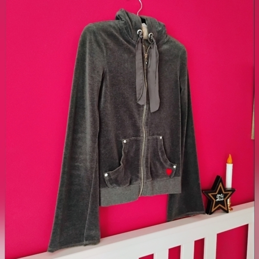 VINTAGE OOAK Dark Gray Velour Hoodie w/Rhinestones & Satin Details Size Small ❤️ - Picture 4 of 9